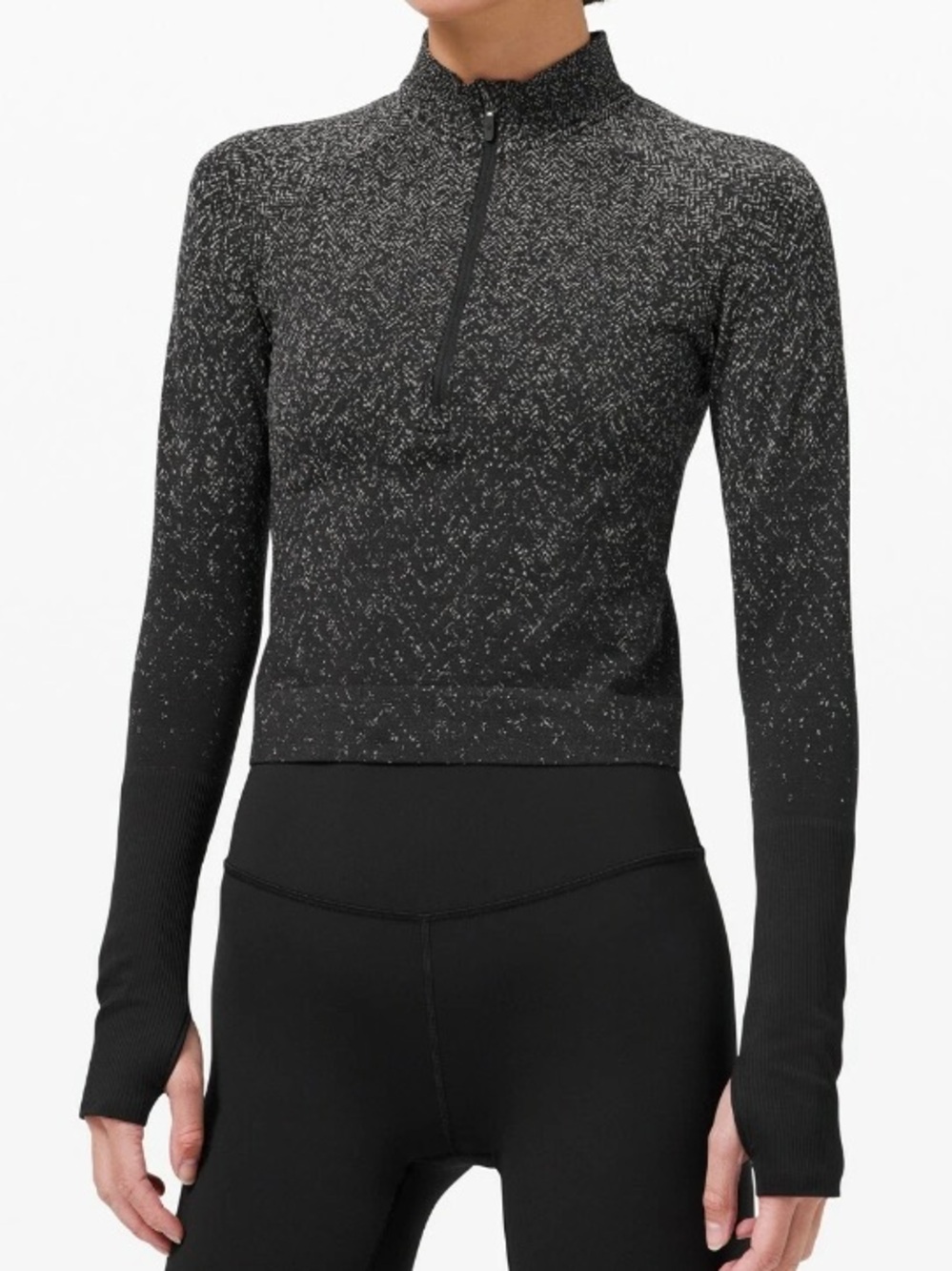 lululemon athletica Rest Less Black 1/2 Long Sleeve Cropped Top Herringbone Fad